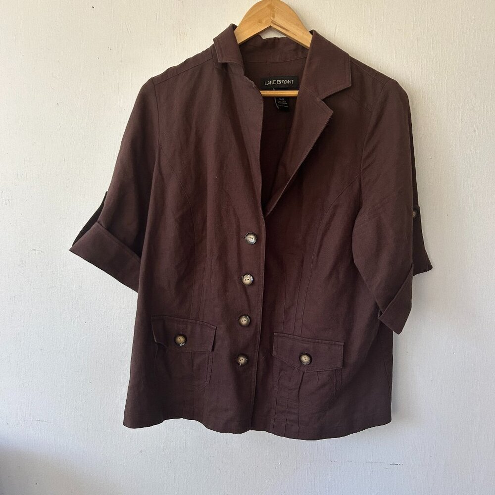 Lane Bryant Linen Blend Jacket Womens 14/16 Brown Button Front Goblincore Fairy